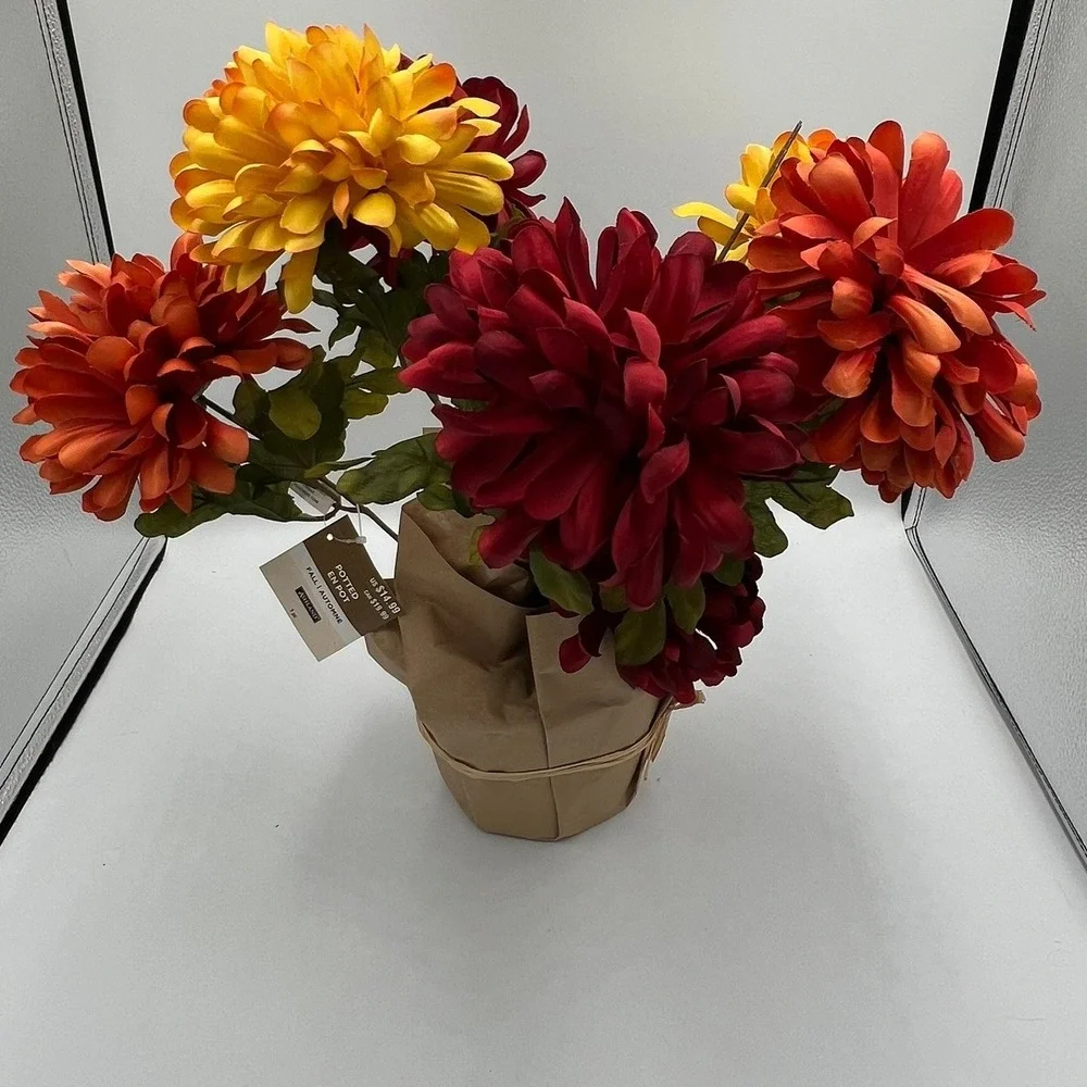 Ashland Fall Potted Mums Faux Floral Decor OS Red Orange Yellow Brand New NWOT